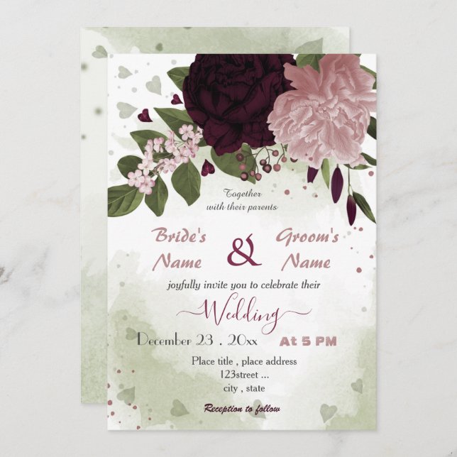 pink plum burgundy flowers greenery invitation (Front/Back)