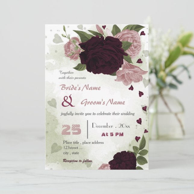 pink plum burgundy flowers greenery wedding invitation (Standing Front)