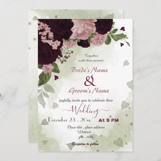 pink plum burgundy flowers greenery wedding invitation (Front/Back)