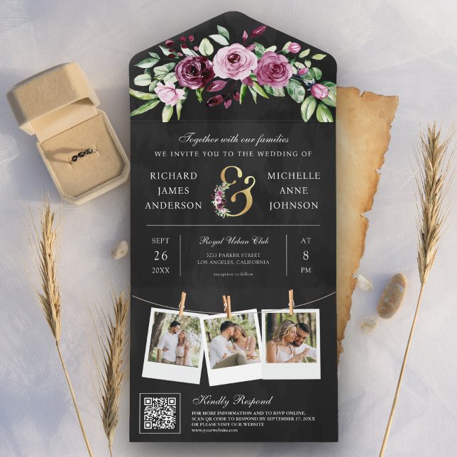 Pink Plum Floral Ampersand QR Code Black Wedding All In One Invitation (Creator Uploaded)