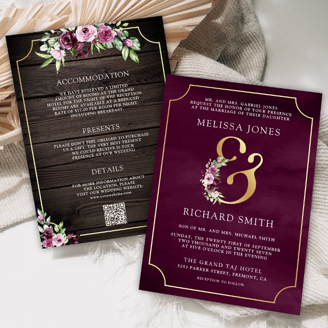 Pink Plum Floral Ampersand Wood QR Code Wedding Invitation (Creator Uploaded)
