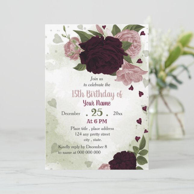 pink plum flowers greenery birthday party invitation (Standing Front)