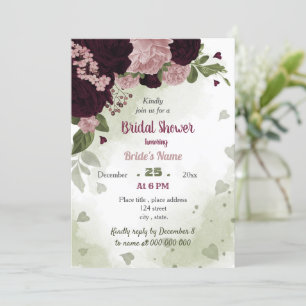 pink plum flowers greenery bridal shower invitation