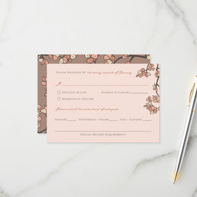 Pink Plum/Peach Blossoms Elegant Floral Wedding RSVP Card (Front/Back In Situ)