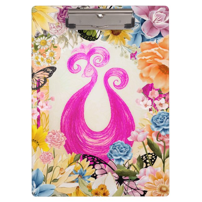Pink Plum Peacock with colourful flowers Clipboard (Front)