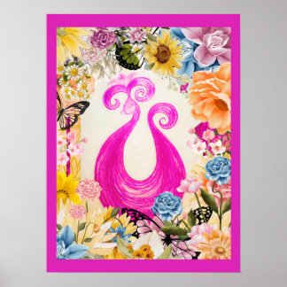 Pink Plum Peacock with colourful flowers Poster