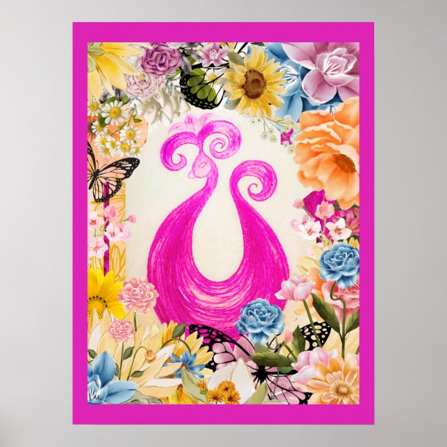 Pink Plum Peacock with colourful flowers Poster (Front)