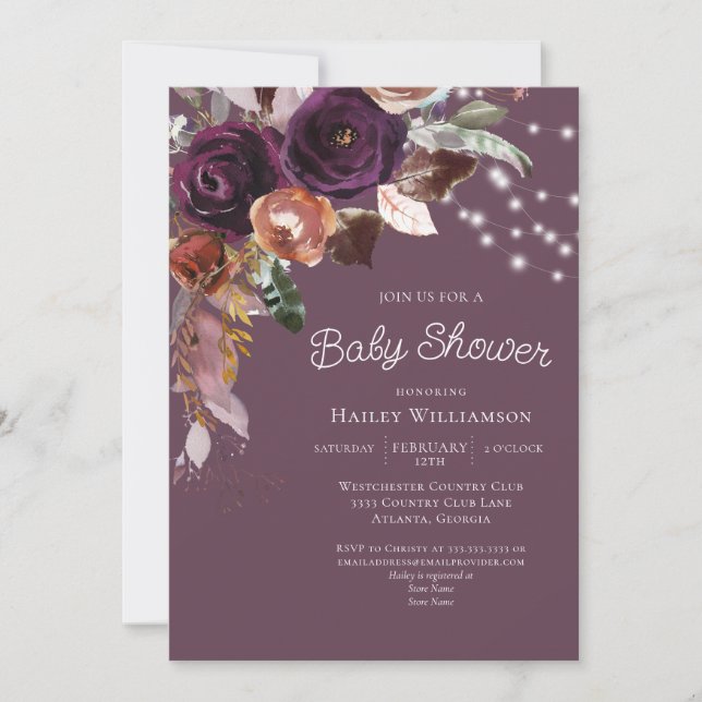 Pink Plum Purple Floral String Light Baby Shower Invitation (Front)