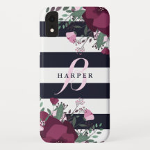 Pink & Plum Roses | Striped Monogrammed