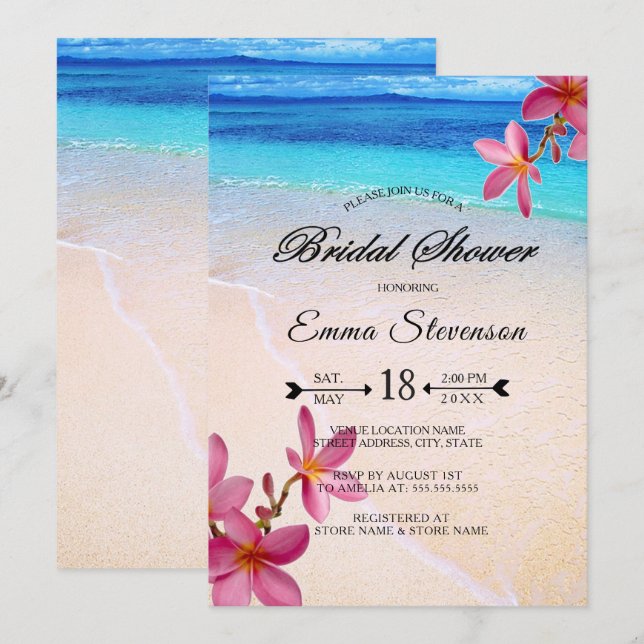 Pink Plumeria Beach Destination Bridal Shower © Invitation (Front/Back)