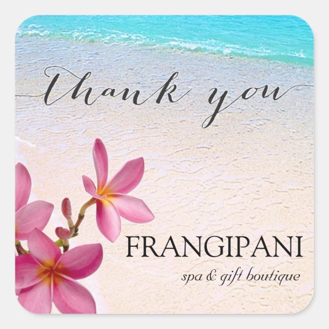 Pink Plumeria Beach Wedding or Business Custom Square Sticker (Front)