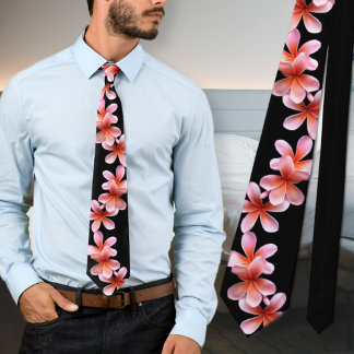 Pink Plumeria Black Tropical Flowers Unisex Tie