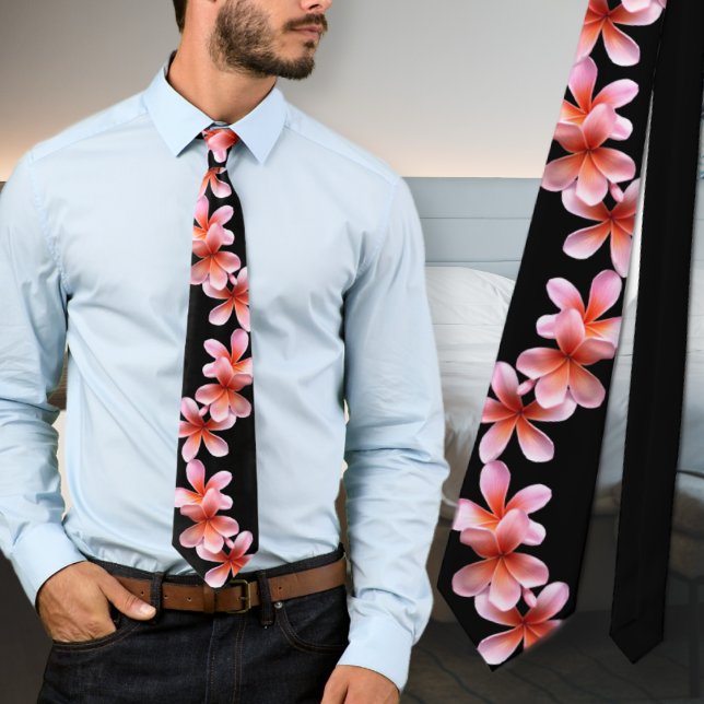 Pink Plumeria Black Tropical Flowers Unisex Tie (Creator Uploaded)