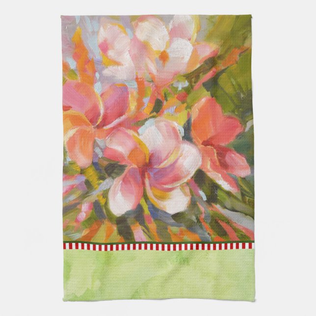 Pink Plumeria Flower Painting Green Kitchen Towel (Vertical)
