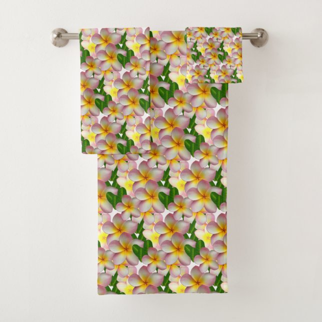 Pink Plumeria Flowers Bath Towel Set (Insitu)