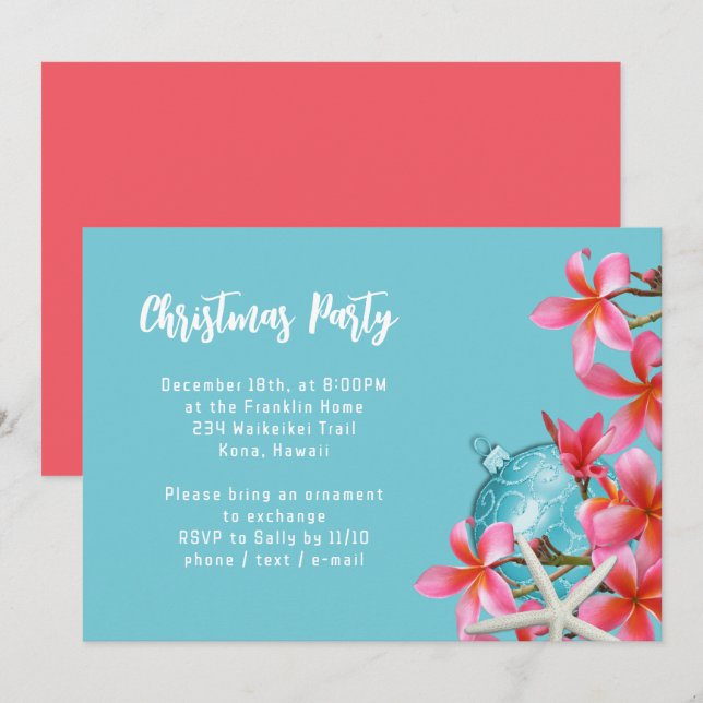 Pink Plumeria Flowers Christmas Party Invitation (Front/Back)