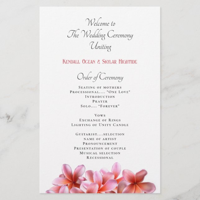 Pink Plumeria Flowers Flat Wedding Program (Front)