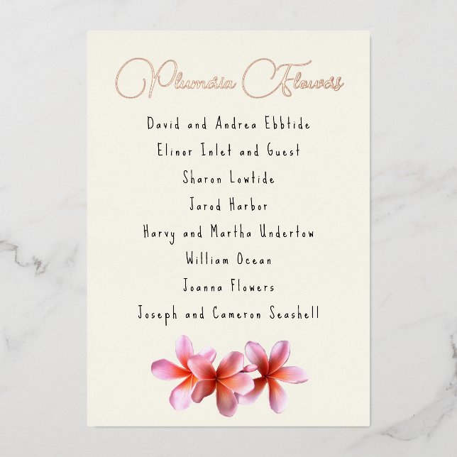 Pink Plumeria Flowers Guest List Foil Seating Card (Front)