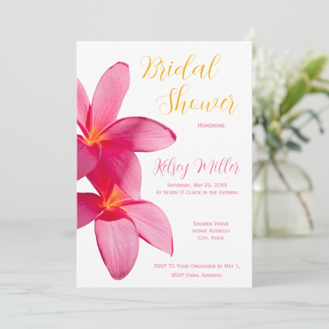 Pink Plumeria Flowers, Tropical, Floral, Bridal In Invitation (Standing Front)