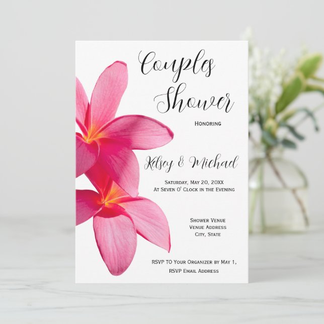 Pink Plumeria Flowers, Tropical, Floral, Couples Invitation (Standing Front)