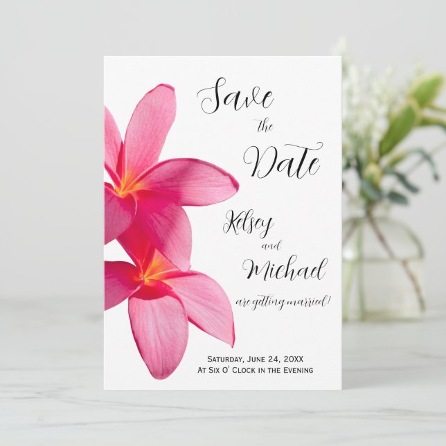 Pink Plumeria Flowers, Tropical, Floral Save Date Invitation (Standing Front)