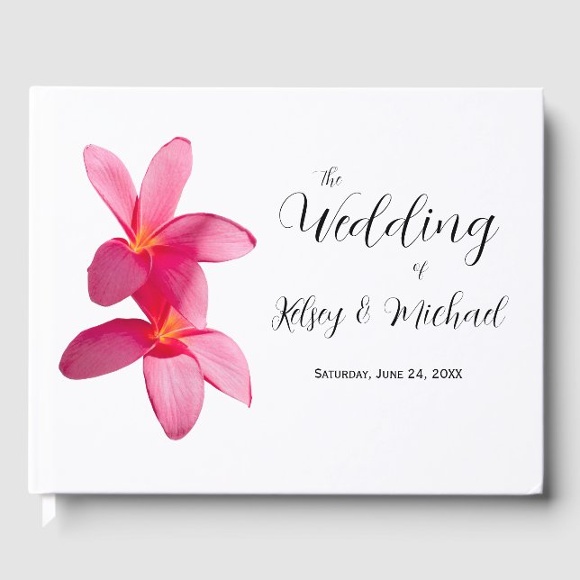 Pink Plumeria Flowers, Tropical, Floral Wedding Guest Book (Front)