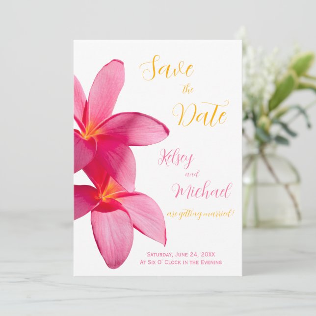 Pink Plumeria Flowers, Tropical, Floral Wedding Invitation (Standing Front)
