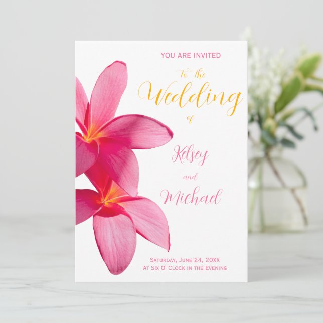 Pink Plumeria Flowers, Tropical, Floral Wedding Invitation (Standing Front)