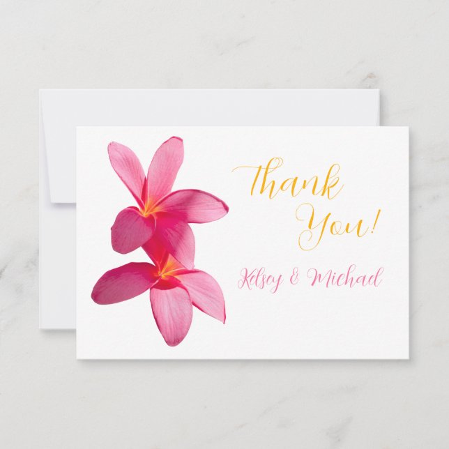Pink Plumeria Flowers, Tropical, Floral Wedding Thank You Card (Front)