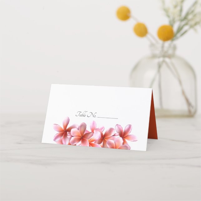 Pink Plumeria Flowers Wedding Escort Place Cards (Front)
