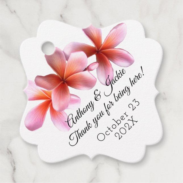 Pink Plumeria Flowers Wedding Thank You Tag (Front)