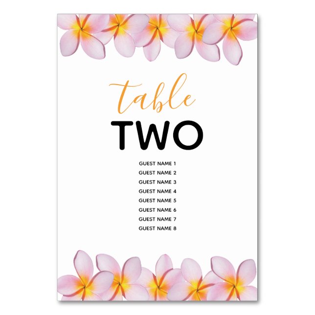 Pink Plumeria Frangipani Wedding Guest Names  Table Number (Back)