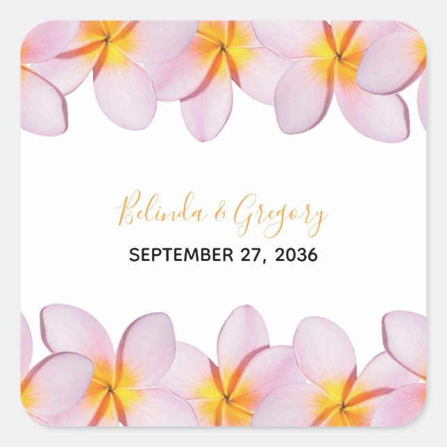 Pink Plumeria Frangipani Wedding Square Sticker (Front)