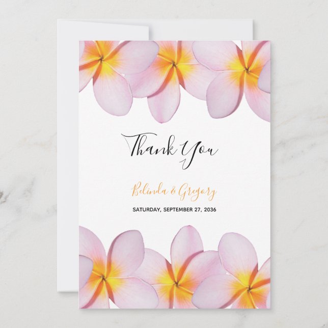 Pink Plumeria Frangipani Wedding Thank You Card (Back)