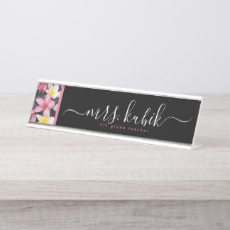 Pink Plumeria Hawaiian Teacher Desk Name Plate
