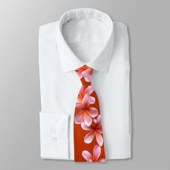 Pink Plumeria Orange Tropical Mens Tie (Tied)