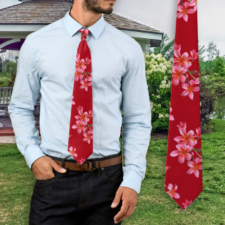 Pink Plumeria Red Tropical Floral Pattern Tie