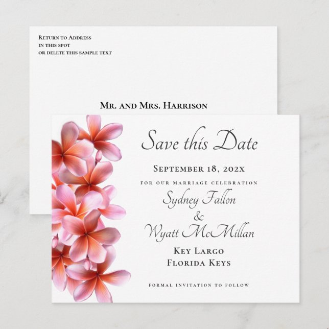 Pink Plumeria Save the Date White Postcard (Front/Back)