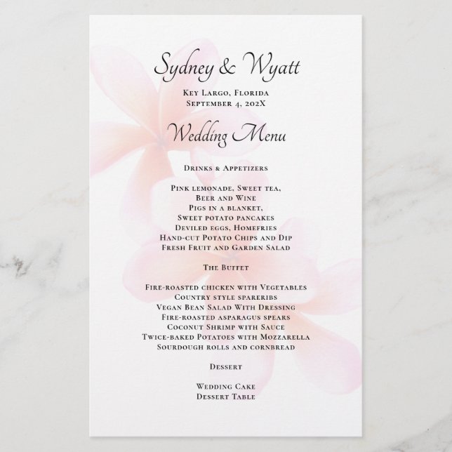 Pink Plumeria Simple Wedding Menu Template (Front)