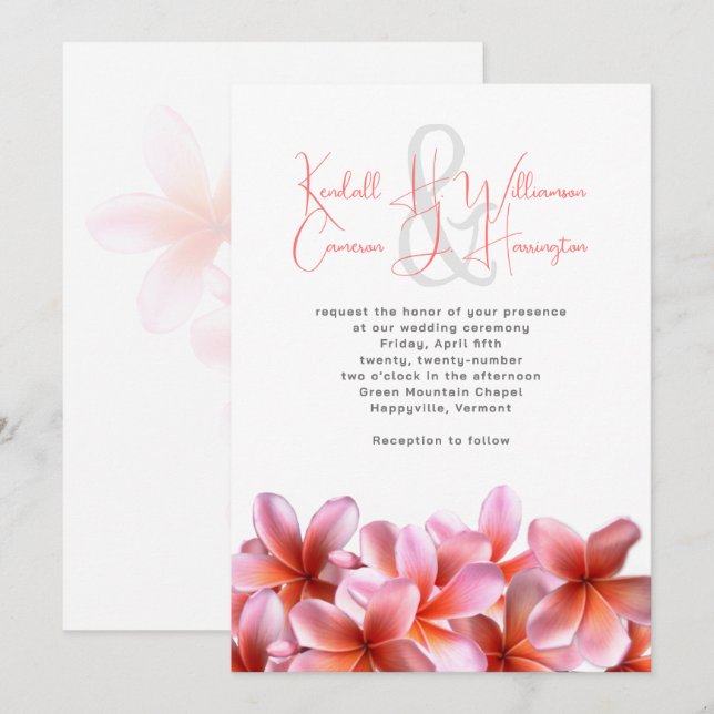 Pink Plumeria Tropical Beach Wedding Invitation (Front/Back)