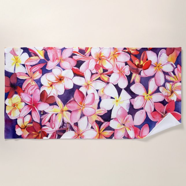 Pink Plumeria Tropical Flower Beach Towel (Front)