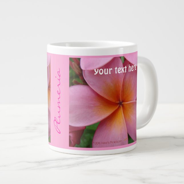 Pink Plumeria Tropical Flower Custom Name JumboMug Large Coffee Mug (Front Right)