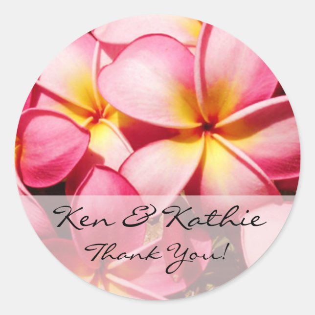 Pink Plumeria Wedding Thank You Sticker (Front)