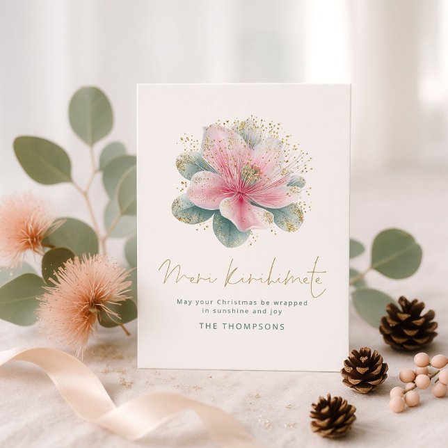 Pink Pōhutukawa Meri Kirihimete NZ Christmas Holiday Card (Creator Uploaded)