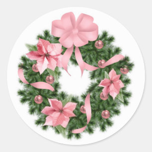 Pink Poinsetta Wreath Classic Round Sticker