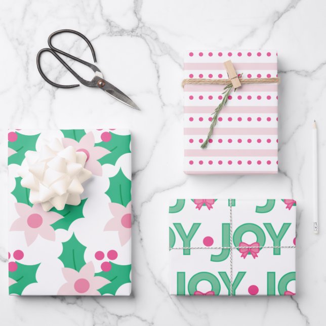 Pink Poinsettia and Holly Leaves Wrapping Paper Sheet (Front)