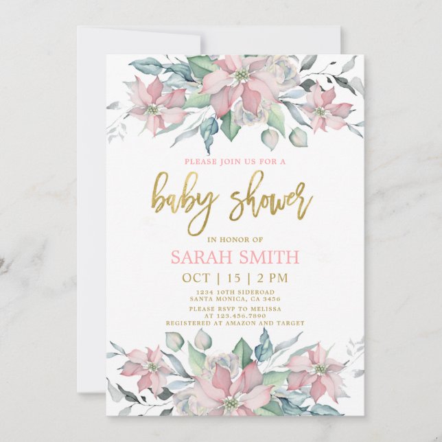 Pink poinsettia Christmas Baby Shower girl Invitation (Front)
