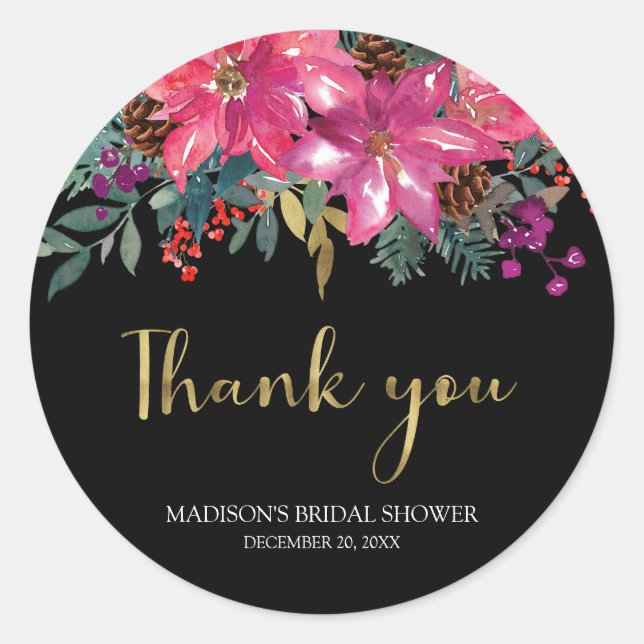 Pink Poinsettia Christmas Bridal Shower  Classic Round Sticker (Front)