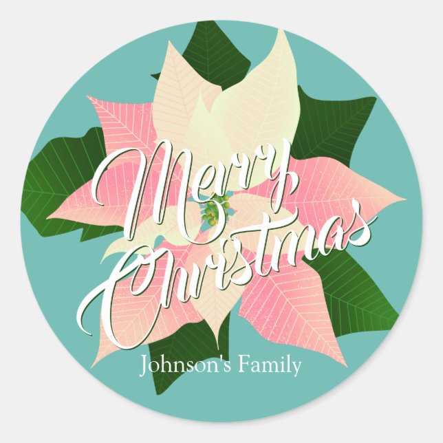 Pink Poinsettia Christmas Classic Round Sticker (Front)
