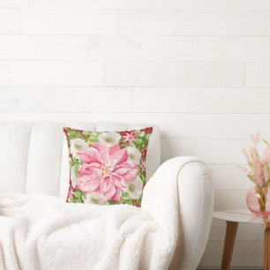 Pink Poinsettia Christmas Cushion